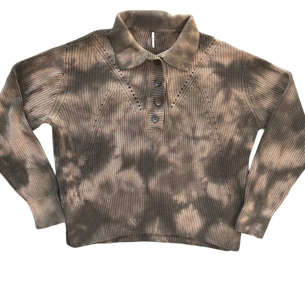YFB Brown Tie-Dye Cotton Knit Boho Collared Sweater‎